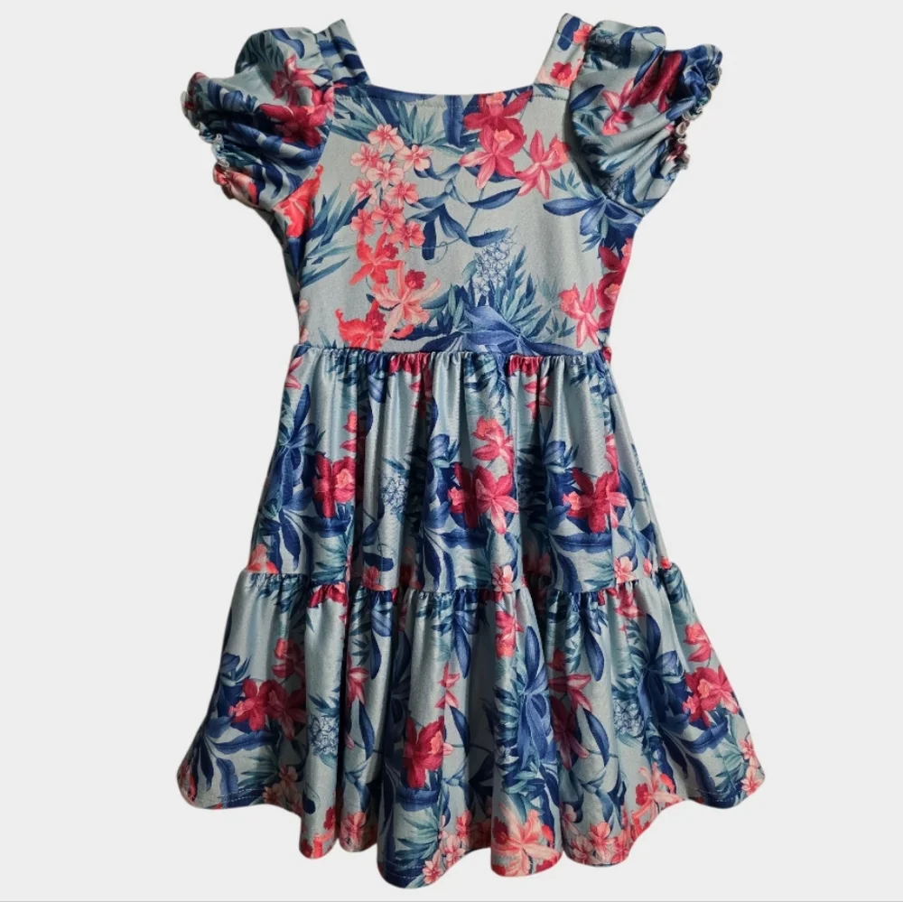 Tommy Bahama Dress Girls 4T Toddler Blue Multi Tiered Puff Sleeve Logo Tropical - Picture 7 of 9